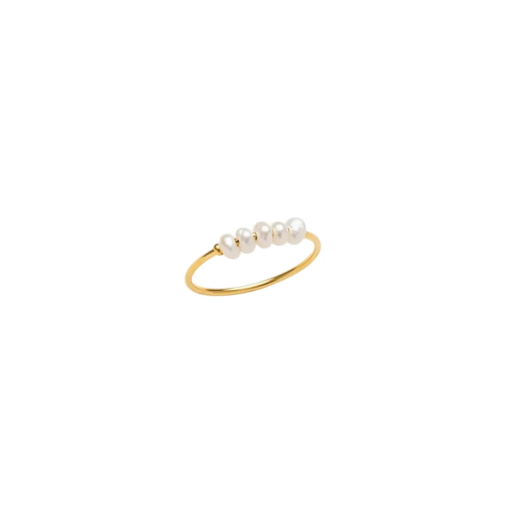 A delicate gold ring with a row of small white pearls.