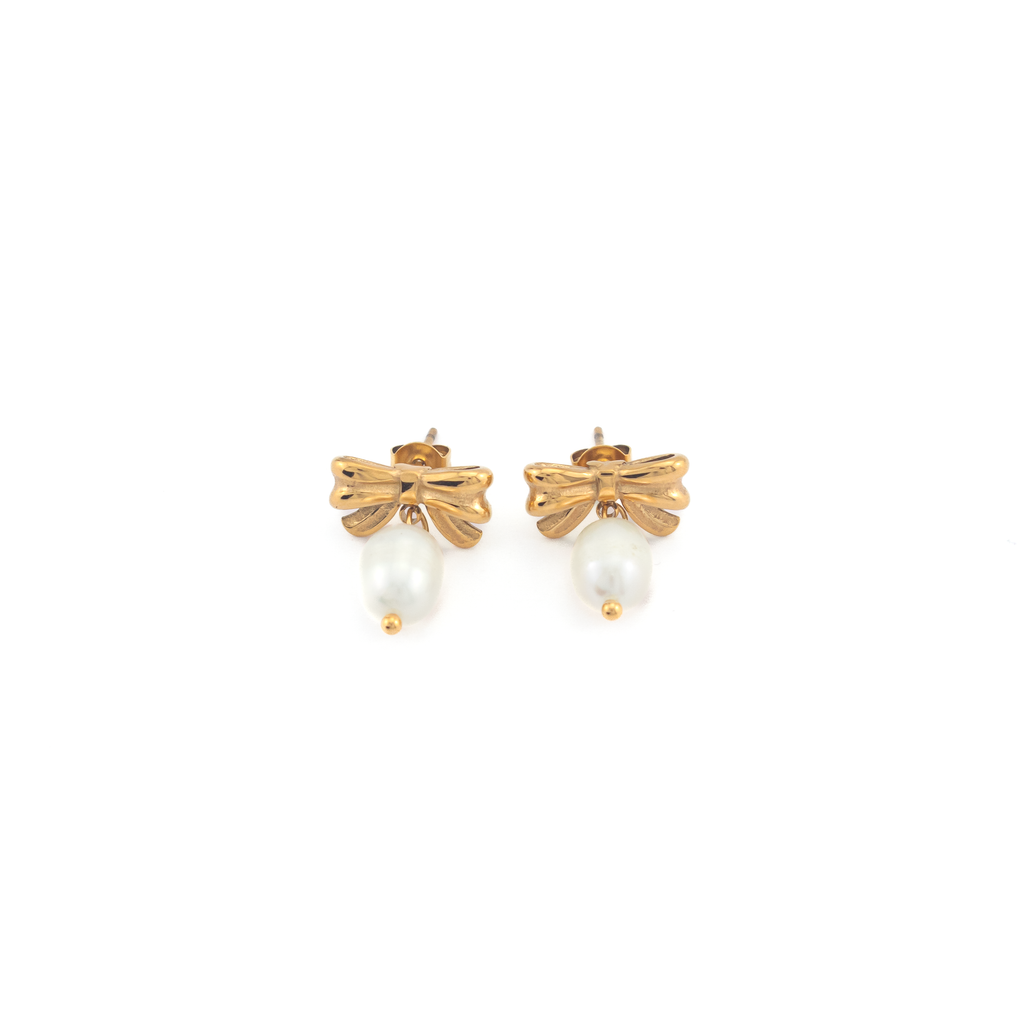 Ivory Gold Bow Pearl Earrings