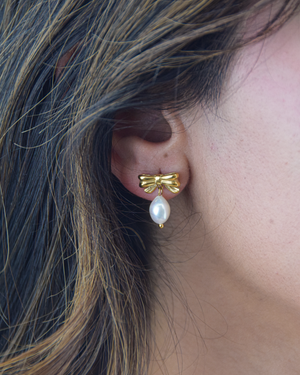 Ivory Gold Bow Pearl Earrings
