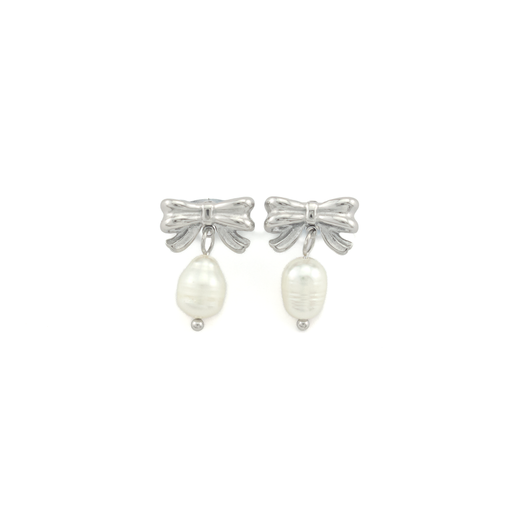 Ivory Silver Bow Pearl Earrings