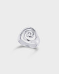 A polished silver ring featuring a sculpted spiral design