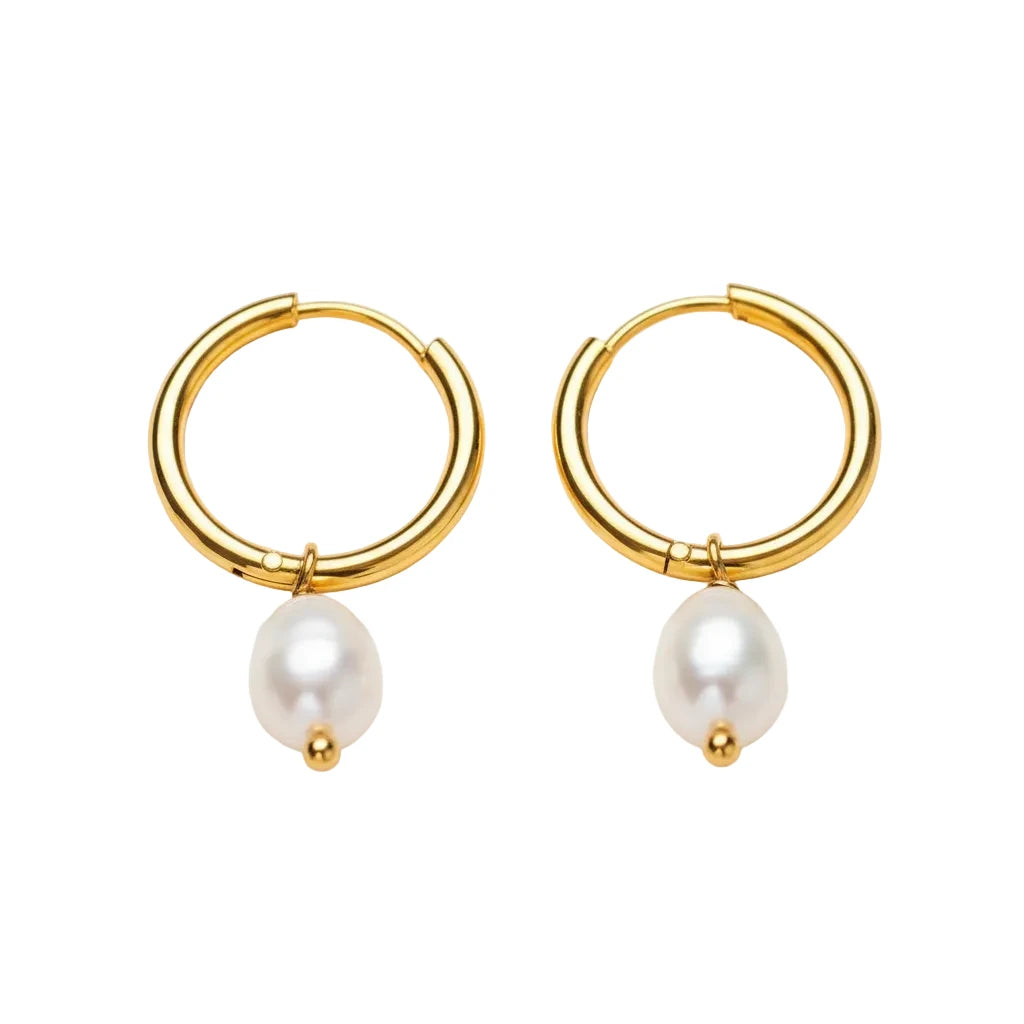 A pair of gold hoop earrings with a small white pearl dangle.