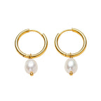A pair of gold hoop earrings with a small white pearl dangle.